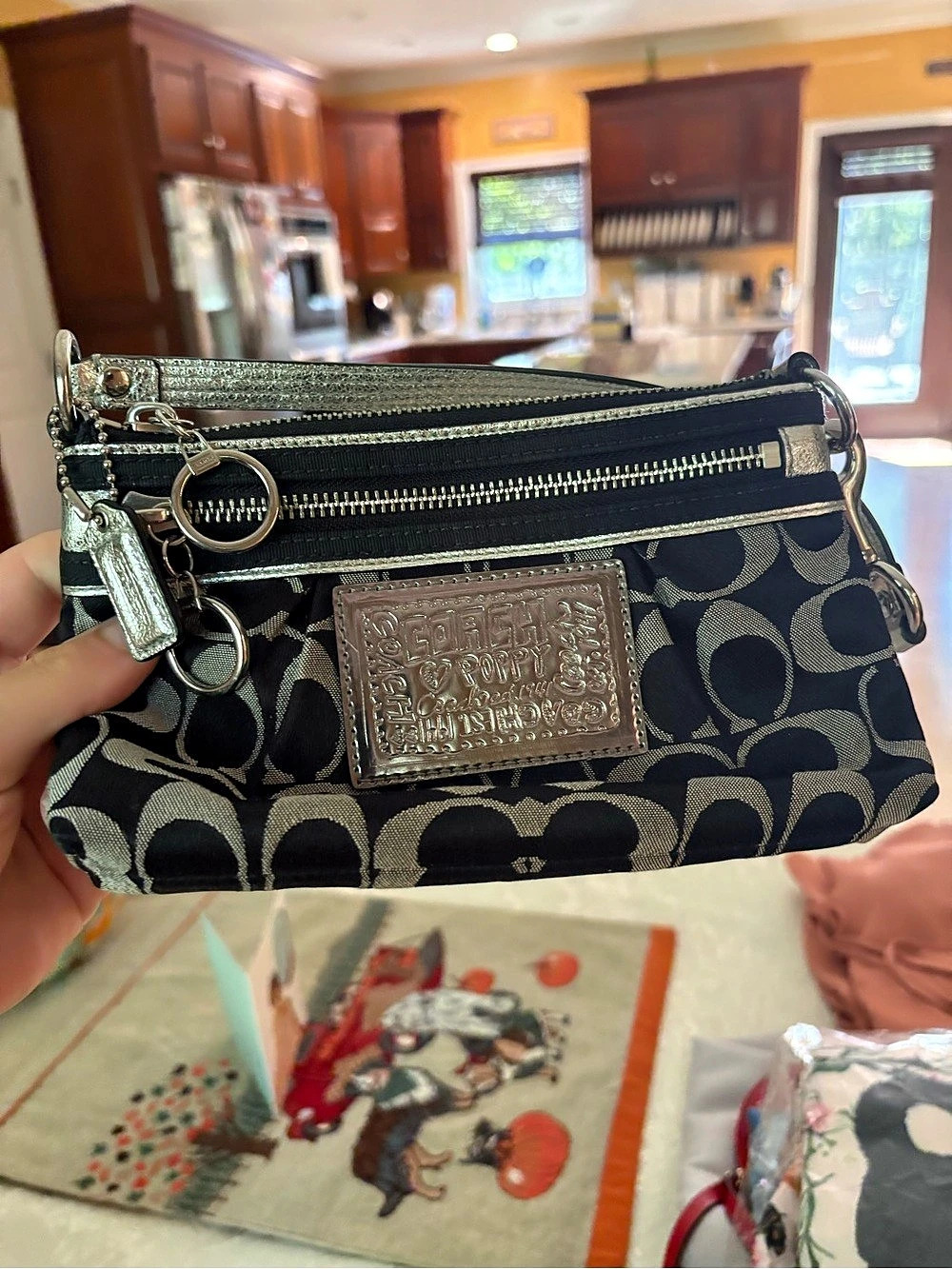 Coach Poppy Signature C Metallic Silver Black Wristlet Crossbody Bag